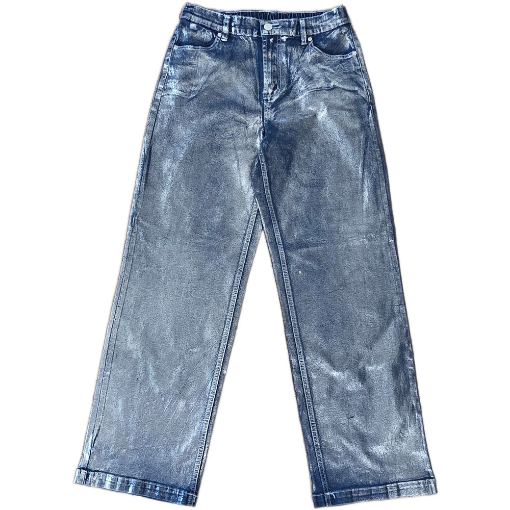 Madden NYC Metallic Silver Coated Blue Denim Straight Leg Jeans Small